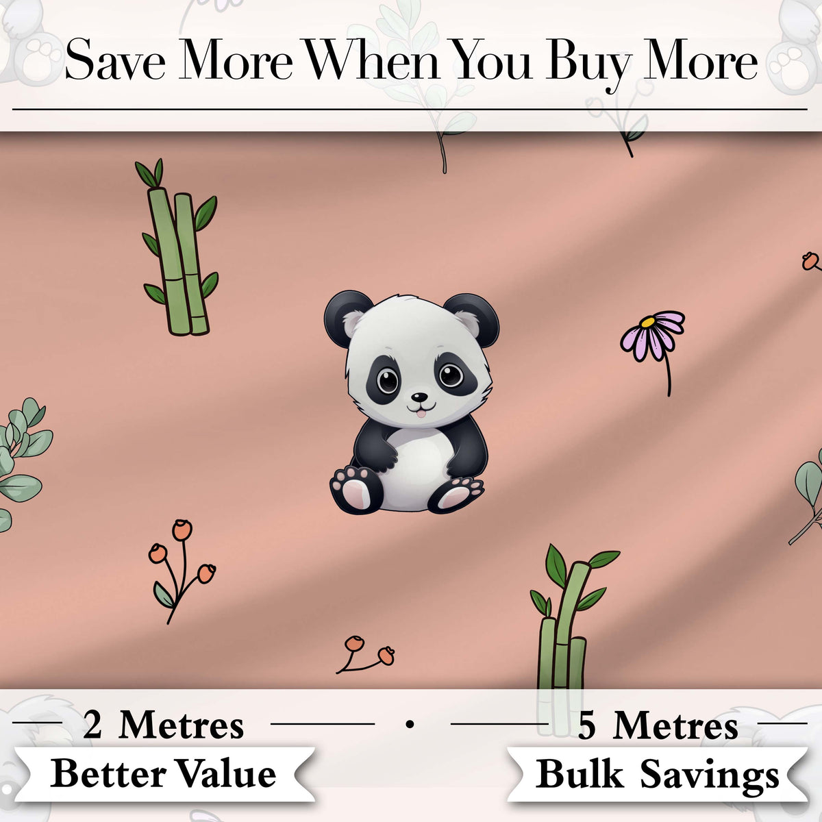 Cute Panda Bear with Bamboo Leaves Floral Seamless Pattern Peach Background Digital Print Fabric by the Metre UK Sewing Quilting Textile