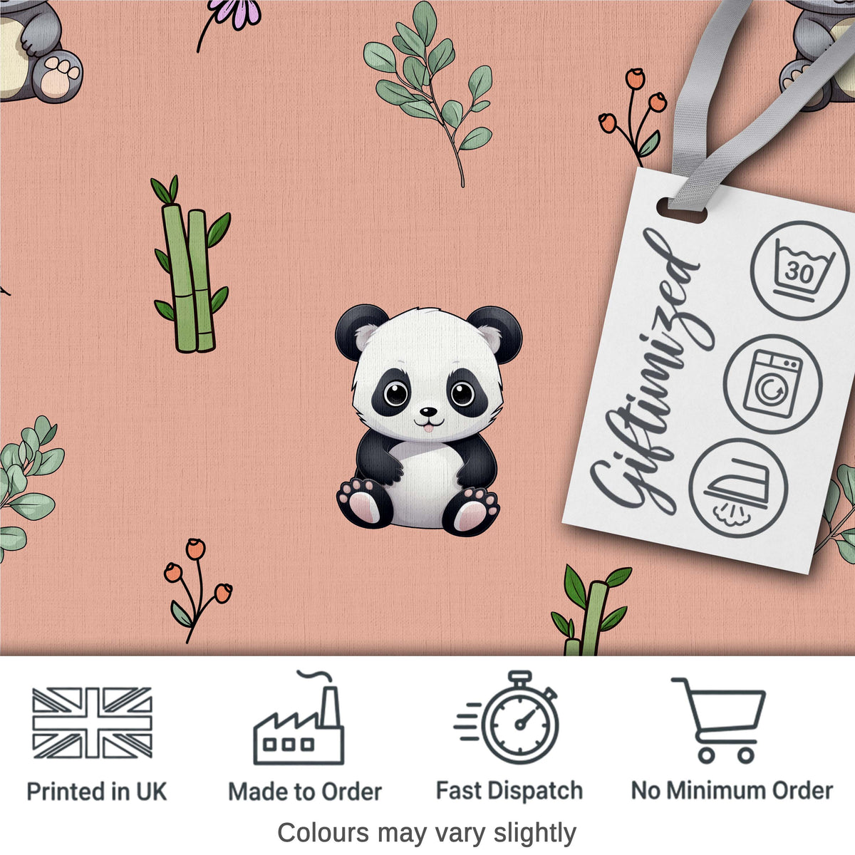 Cute Panda Bear with Bamboo Leaves Floral Seamless Pattern Peach Background Digital Print Fabric by the Metre UK Sewing Quilting Textile