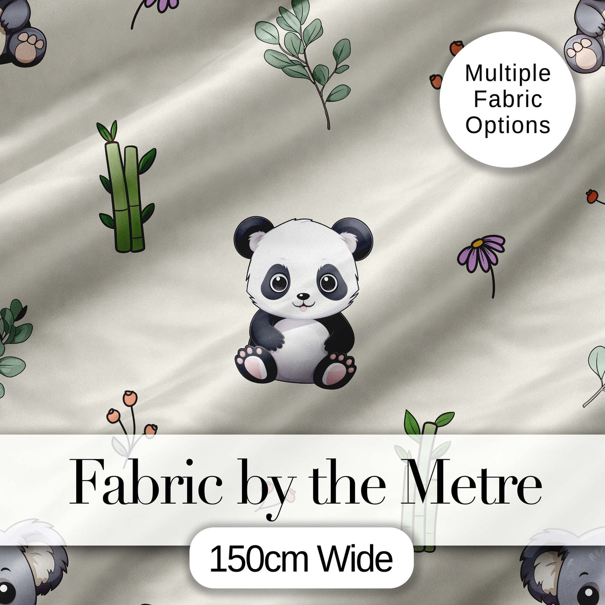 Cute Panda Bear with Bamboo Leaves Floral Seamless Pattern Cream Background Digital Print Fabric by the Metre UK Sewing Quilting Textile