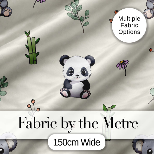 Cute Panda Bear with Bamboo Leaves Floral Seamless Pattern Cream Background Digital Print Fabric by the Metre UK Sewing Quilting Textile