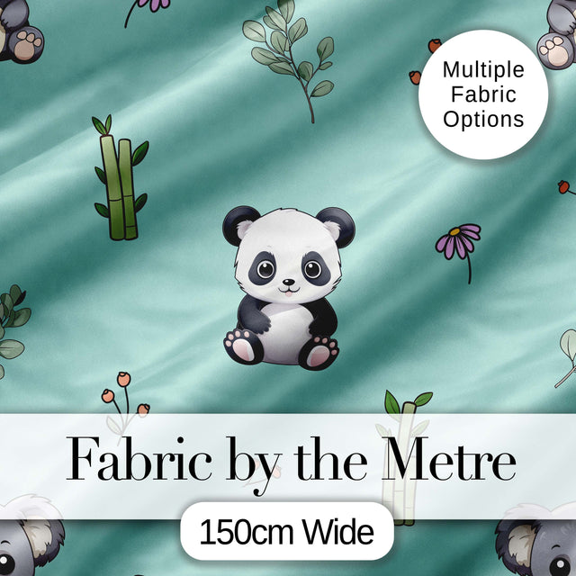 Cute Panda Bear with Bamboo Leaves Floral Seamless Pattern Teal Background Digital Print Fabric by the Metre UK Sewing Quilting Textile