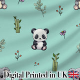Cute Panda Bear with Bamboo Leaves Floral Seamless Pattern Teal Background Digital Print Fabric by the Metre UK Sewing Quilting Textile