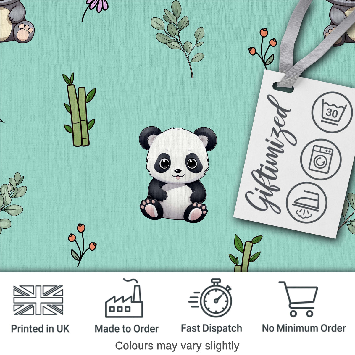 Cute Panda Bear with Bamboo Leaves Floral Seamless Pattern Teal Background Digital Print Fabric by the Metre UK Sewing Quilting Textile