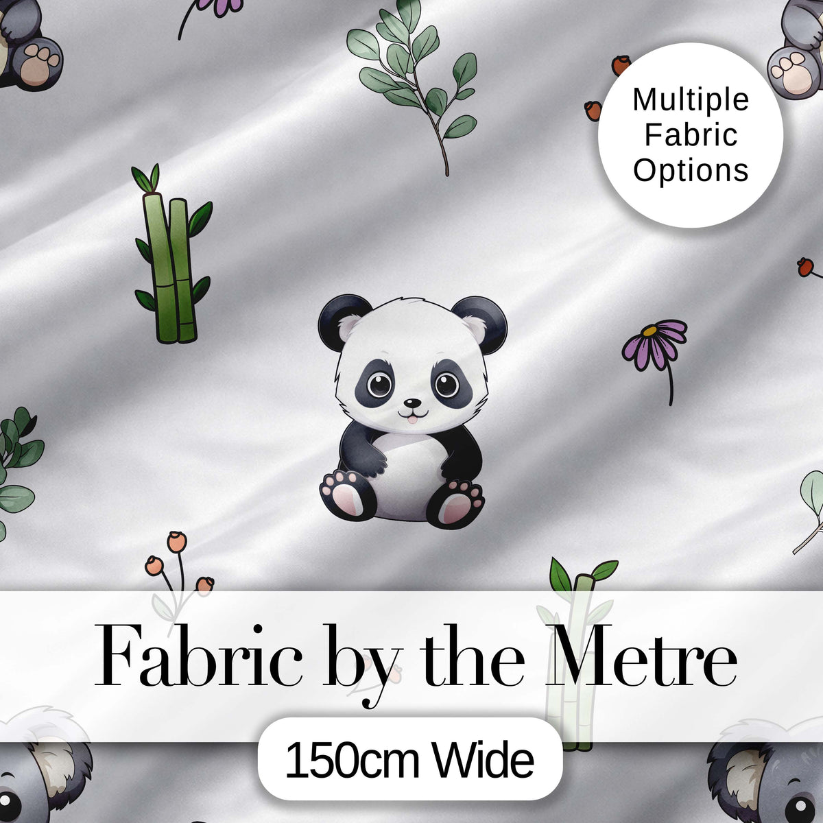 Cute Panda Bear with Bamboo Leaves Floral  Pattern Light Grey Background Digital Print Fabric by the Metre UK Sewing Quilting Textile