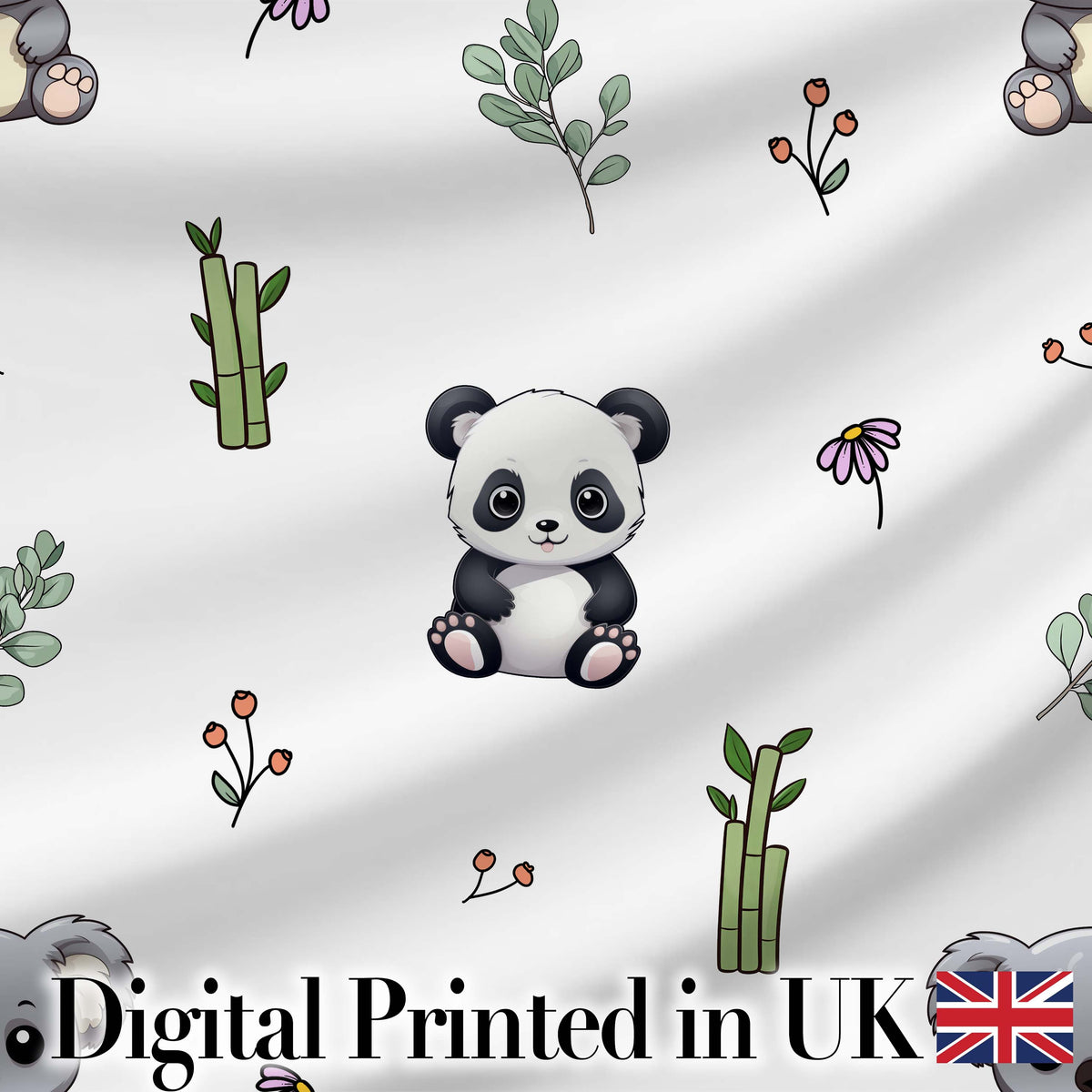 Cute Panda Bear with Bamboo Leaves Floral  Pattern Light Grey Background Digital Print Fabric by the Metre UK Sewing Quilting Textile