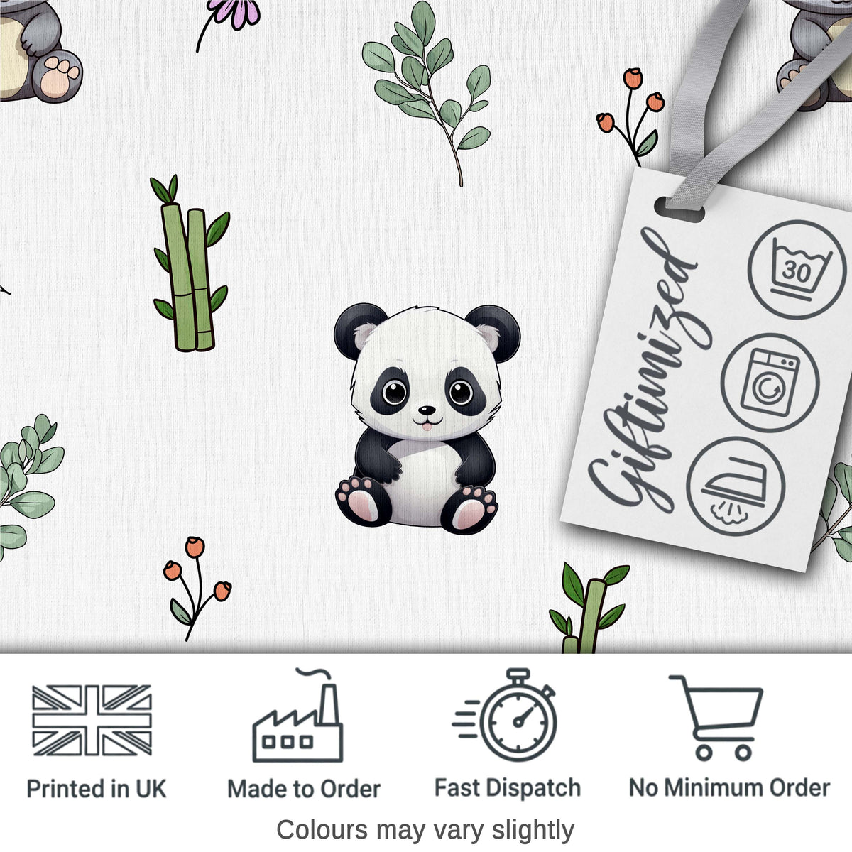 Cute Panda Bear with Bamboo Leaves Floral  Pattern Light Grey Background Digital Print Fabric by the Metre UK Sewing Quilting Textile