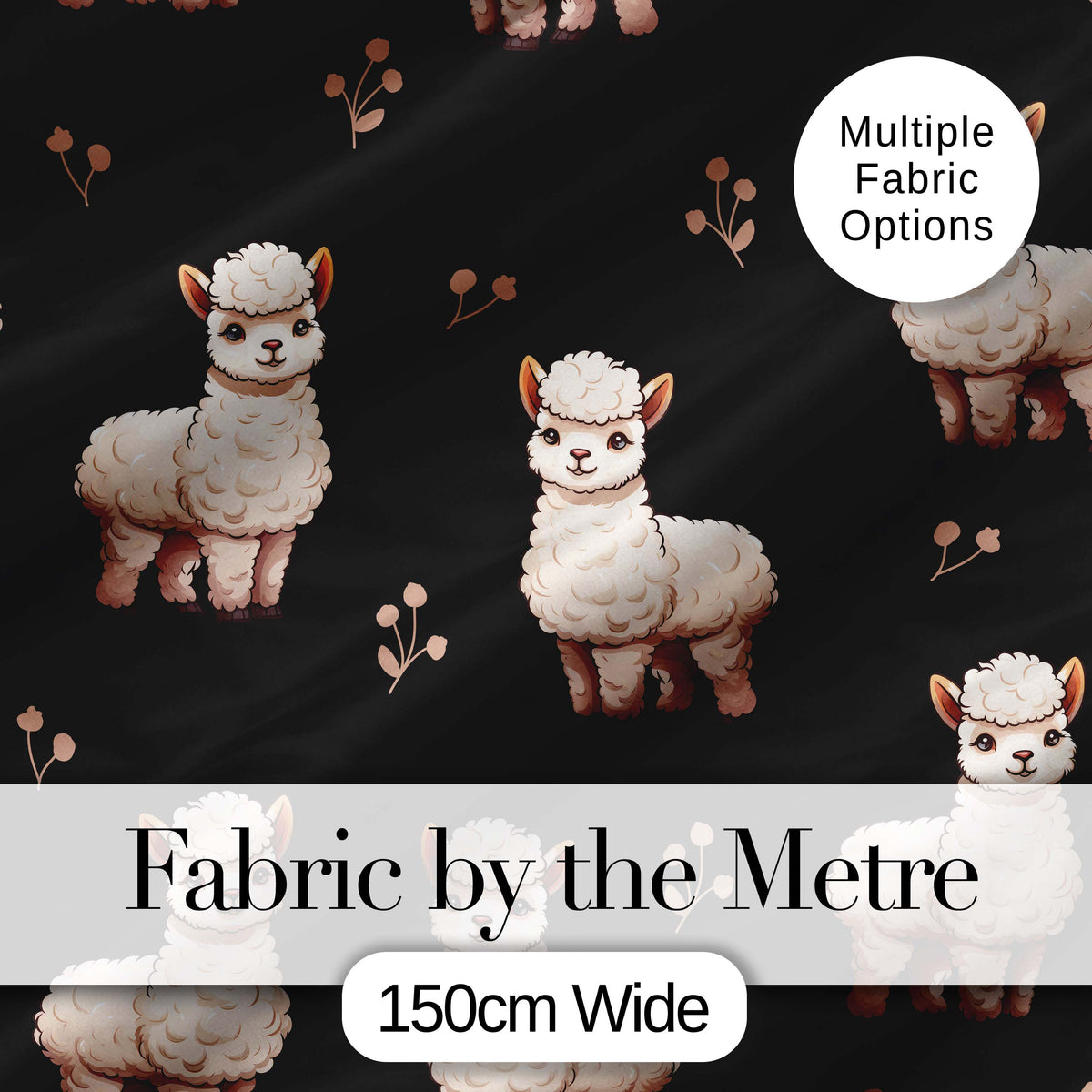 Cute Alpaca Llama Farm Animals Floral Seamless Pattern Black Background Digital Print Fabric by the Metre UK Sewing Quilting Textile
