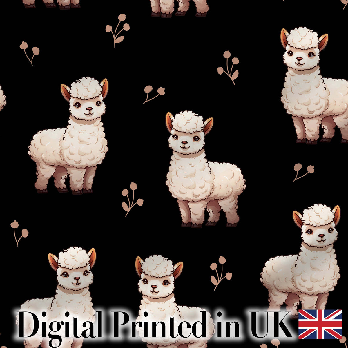 Cute Alpaca Llama Farm Animals Floral Seamless Pattern Black Background Digital Print Fabric by the Metre UK Sewing Quilting Textile