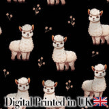 Cute Alpaca Llama Farm Animals Floral Seamless Pattern Black Background Digital Print Fabric by the Metre UK Sewing Quilting Textile