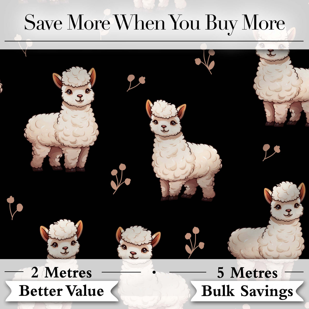 Cute Alpaca Llama Farm Animals Floral Seamless Pattern Black Background Digital Print Fabric by the Metre UK Sewing Quilting Textile