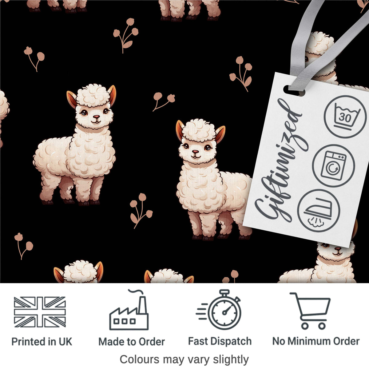 Cute Alpaca Llama Farm Animals Floral Seamless Pattern Black Background Digital Print Fabric by the Metre UK Sewing Quilting Textile