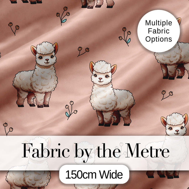 Cute Alpaca Llama Farm Animals Floral Seamless Pattern Peach Background Digital Print Fabric by the Metre UK Sewing Quilting Textile