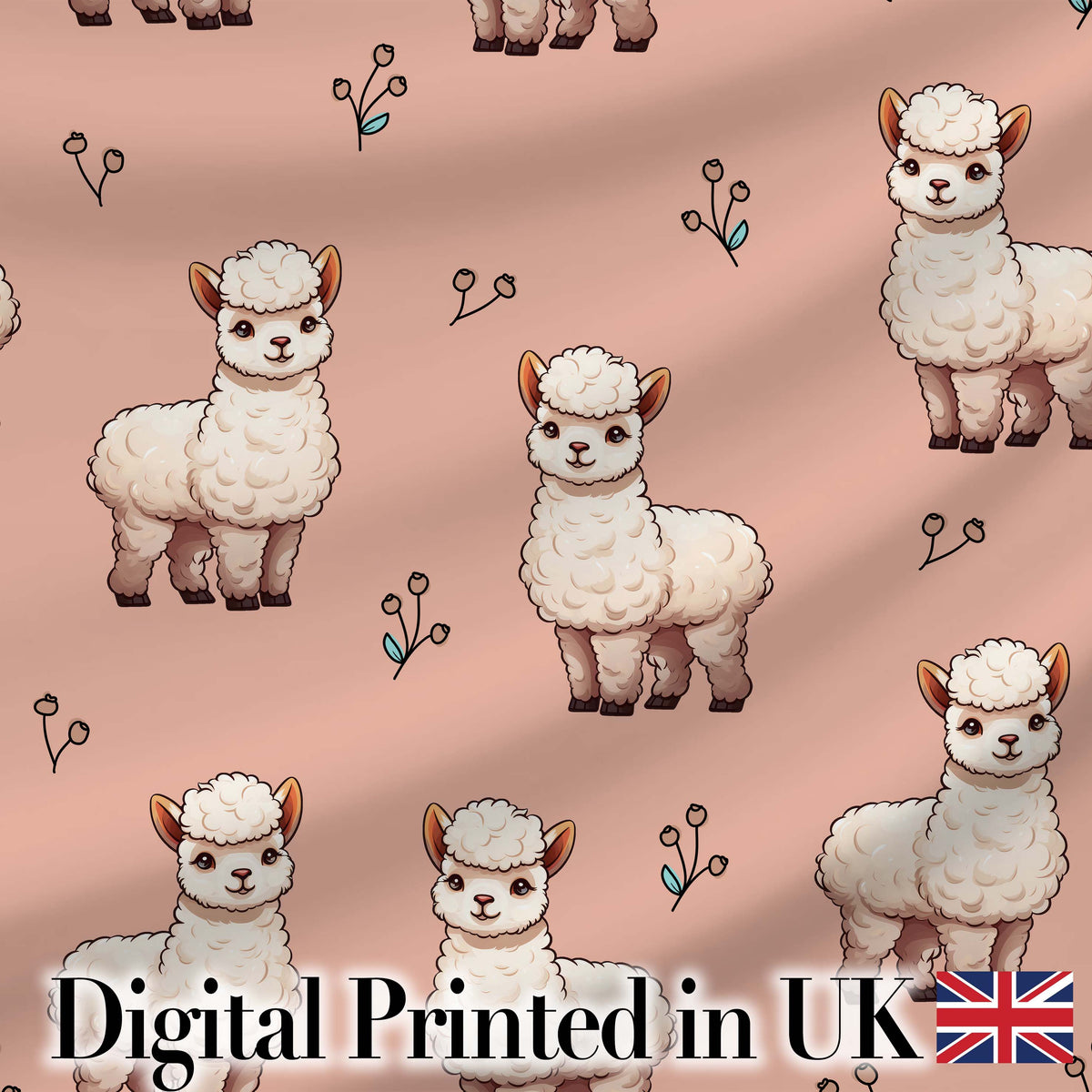 Cute Alpaca Llama Farm Animals Floral Seamless Pattern Peach Background Digital Print Fabric by the Metre UK Sewing Quilting Textile