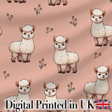 Cute Alpaca Llama Farm Animals Floral Seamless Pattern Peach Background Digital Print Fabric by the Metre UK Sewing Quilting Textile