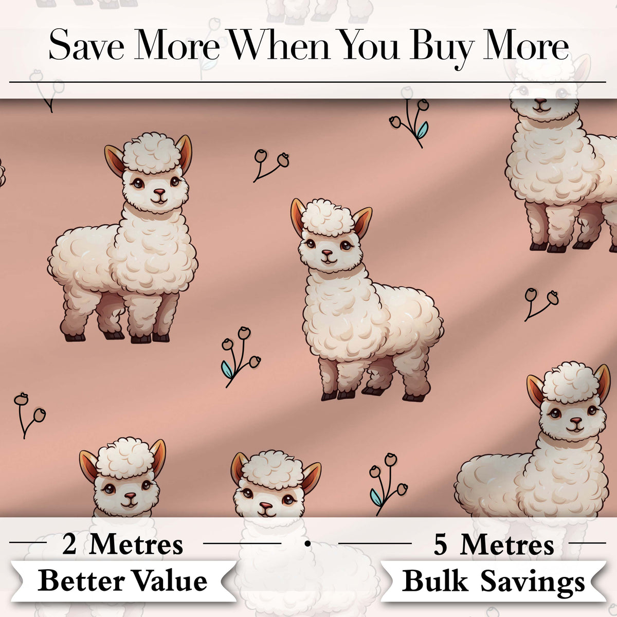 Cute Alpaca Llama Farm Animals Floral Seamless Pattern Peach Background Digital Print Fabric by the Metre UK Sewing Quilting Textile
