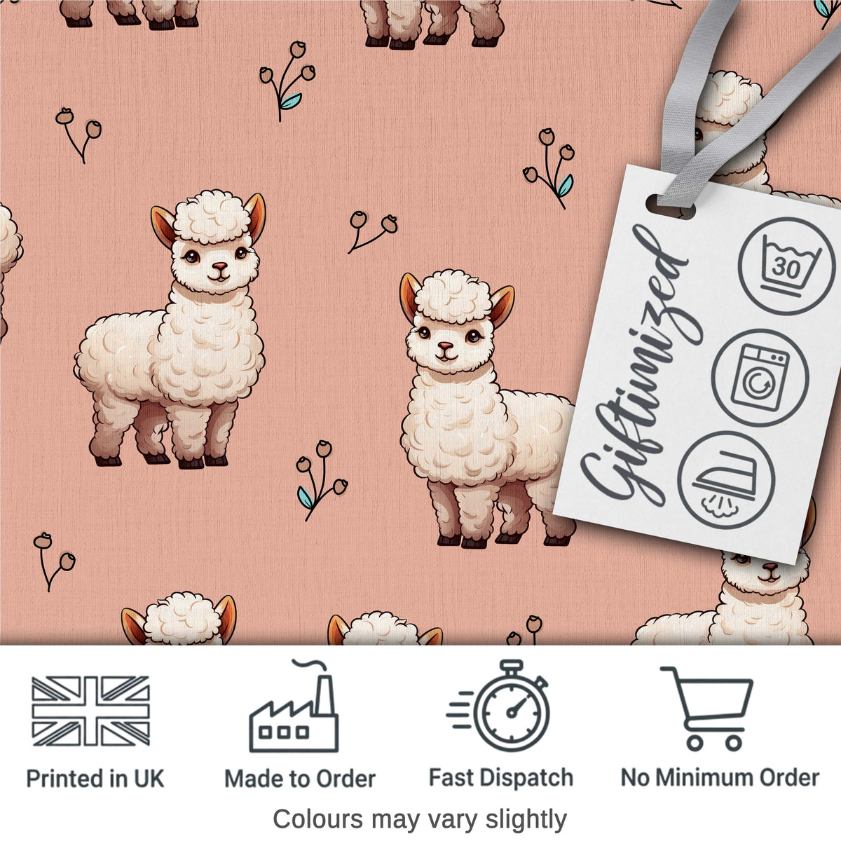 Cute Alpaca Llama Farm Animals Floral Seamless Pattern Peach Background Digital Print Fabric by the Metre UK Sewing Quilting Textile