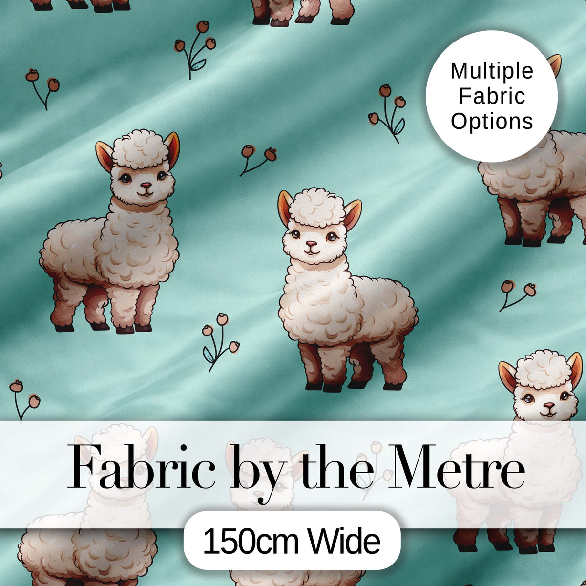 Cute Alpaca Llama Farm Animals Floral Seamless Pattern Mint Green Background Digital Print Fabric by the Metre UK Sewing Quilting Textile
