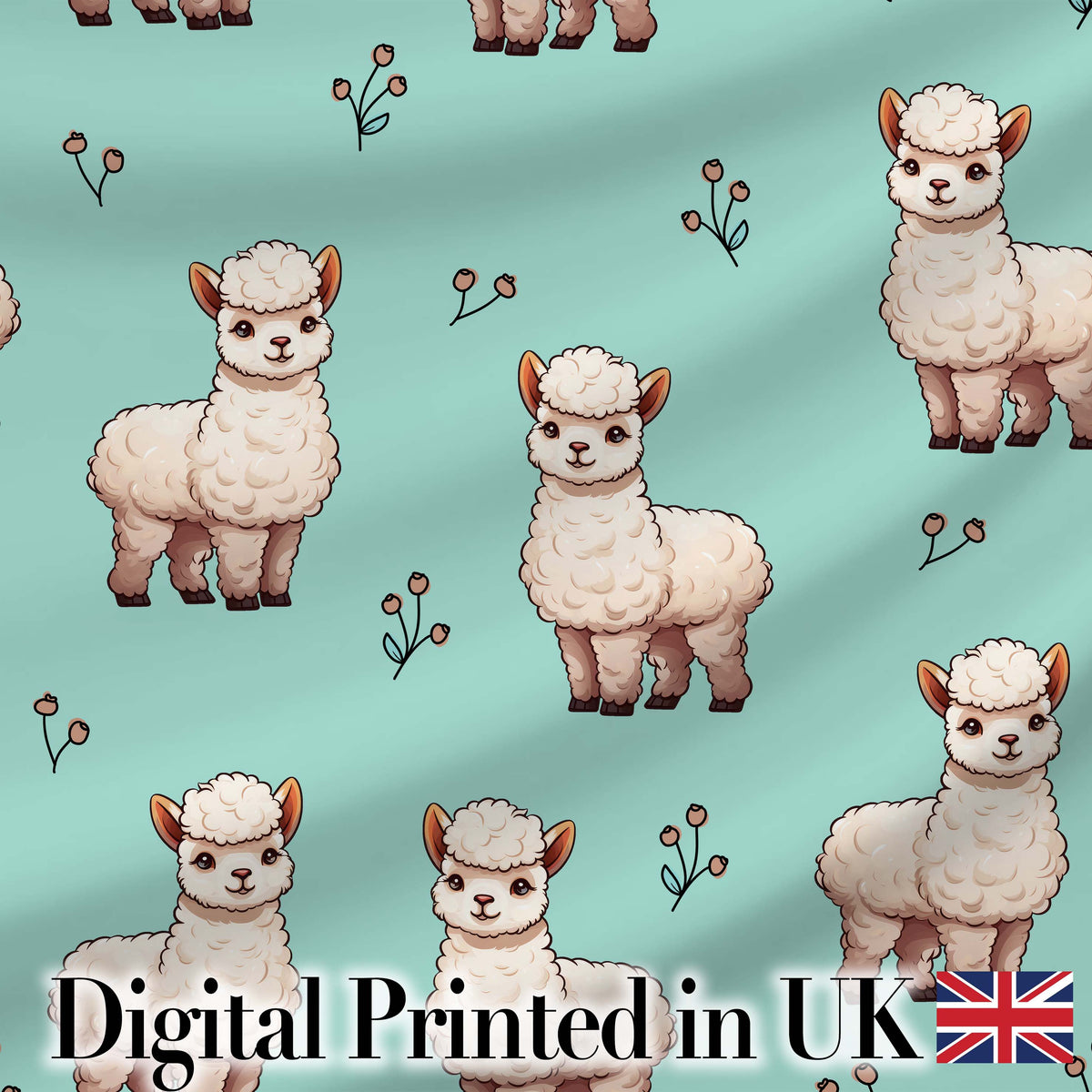 Cute Alpaca Llama Farm Animals Floral Seamless Pattern Mint Green Background Digital Print Fabric by the Metre UK Sewing Quilting Textile