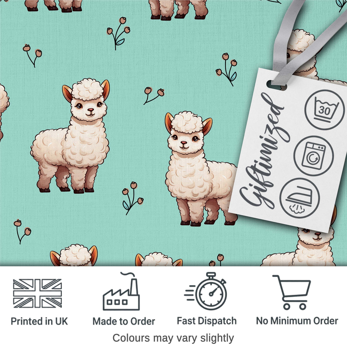 Cute Alpaca Llama Farm Animals Floral Seamless Pattern Mint Green Background Digital Print Fabric by the Metre UK Sewing Quilting Textile