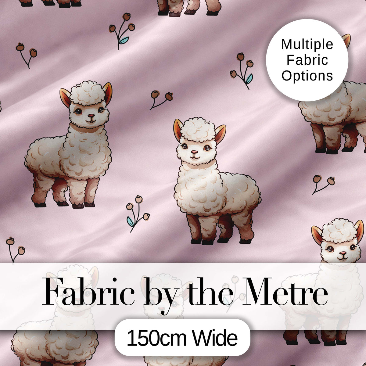 Cute Alpaca Llama Farm Animals Floral Seamless Pattern Blush Pink Background Digital Print Fabric by the Metre UK Sewing Quilting Textile