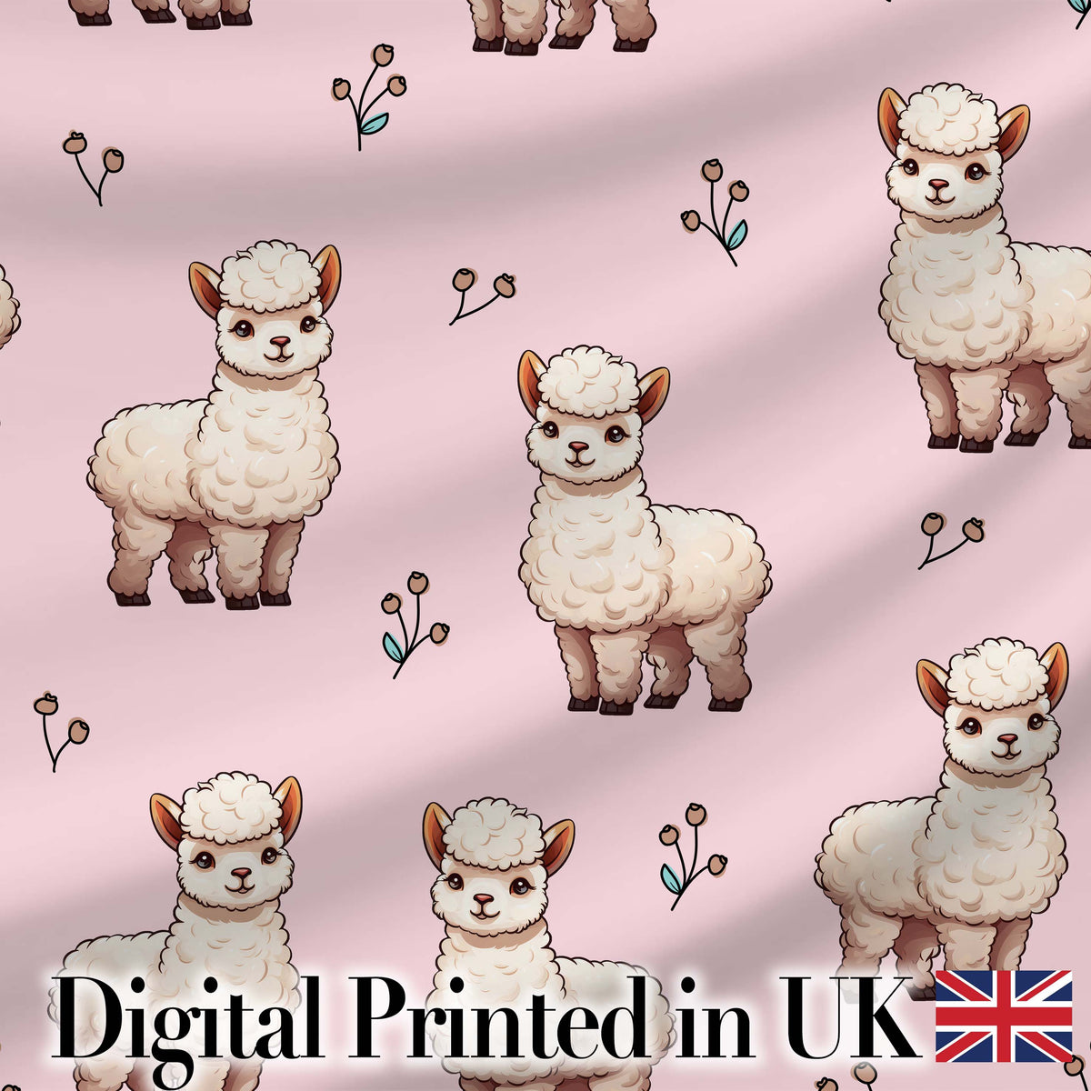Cute Alpaca Llama Farm Animals Floral Seamless Pattern Blush Pink Background Digital Print Fabric by the Metre UK Sewing Quilting Textile