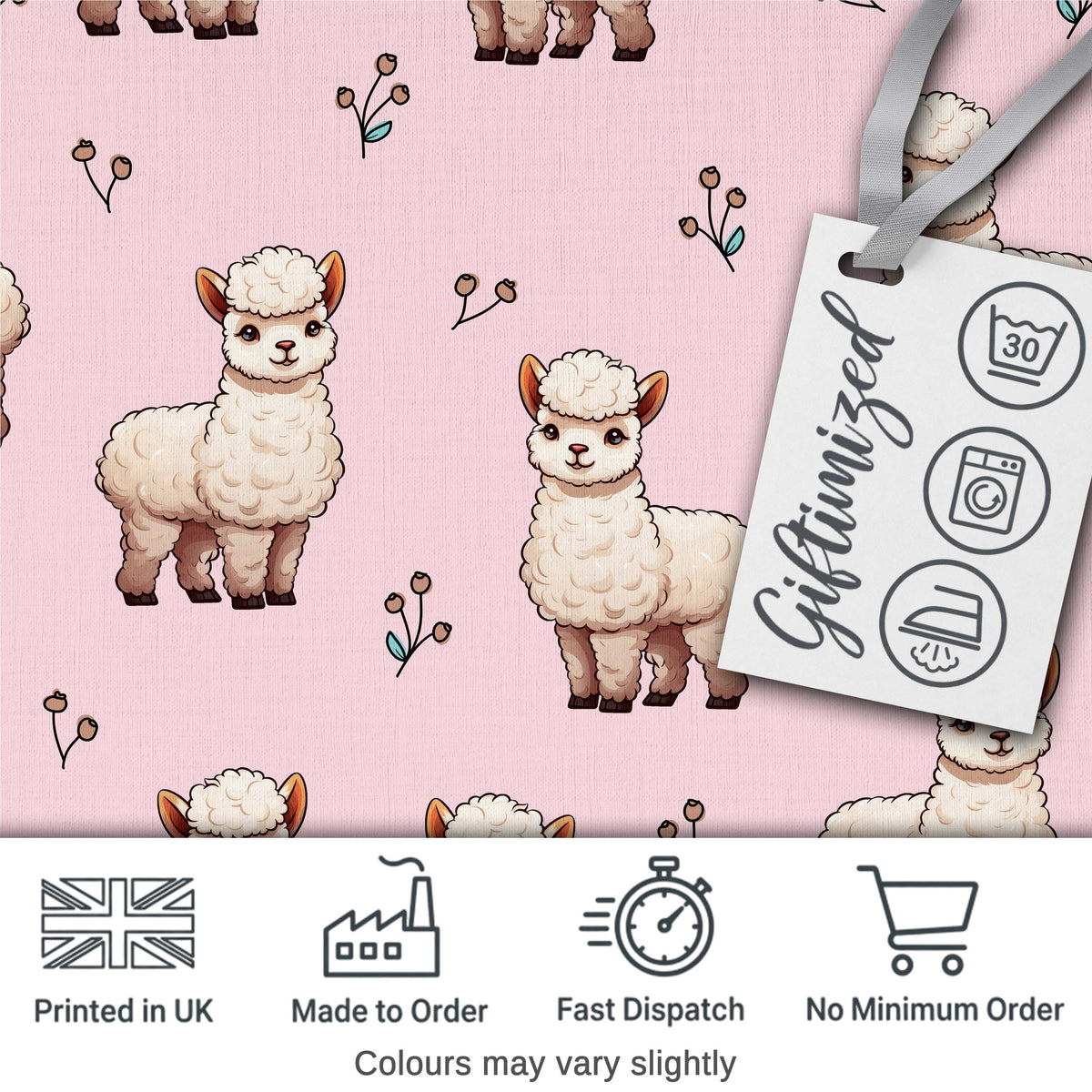 Cute Alpaca Llama Farm Animals Floral Seamless Pattern Blush Pink Background Digital Print Fabric by the Metre UK Sewing Quilting Textile