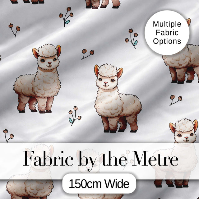 Cute Alpaca Llama Farm Animals Floral Seamless Pattern Light Grey Background Digital Print Fabric by the Metre UK Sewing Quilting Textile