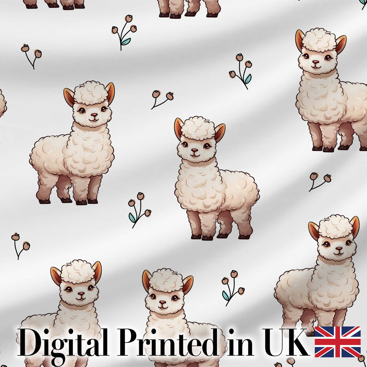 Cute Alpaca Llama Farm Animals Floral Seamless Pattern Light Grey Background Digital Print Fabric by the Metre UK Sewing Quilting Textile