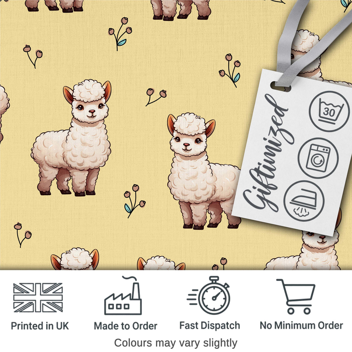 Cute Alpaca Llama Farm Animals Floral Seamless Pattern Warm Beige Background Digital Print Fabric by the Metre UK Sewing Quilting Textile