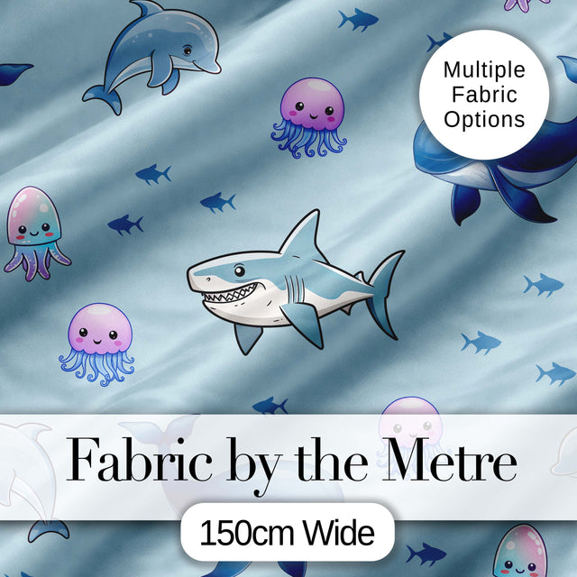 Cute Ocean Animals Dolphin Shark Jellyfish Seamless Pattern Blue Background Digital Print Fabric by the Metre UK Sewing Quilting Textile