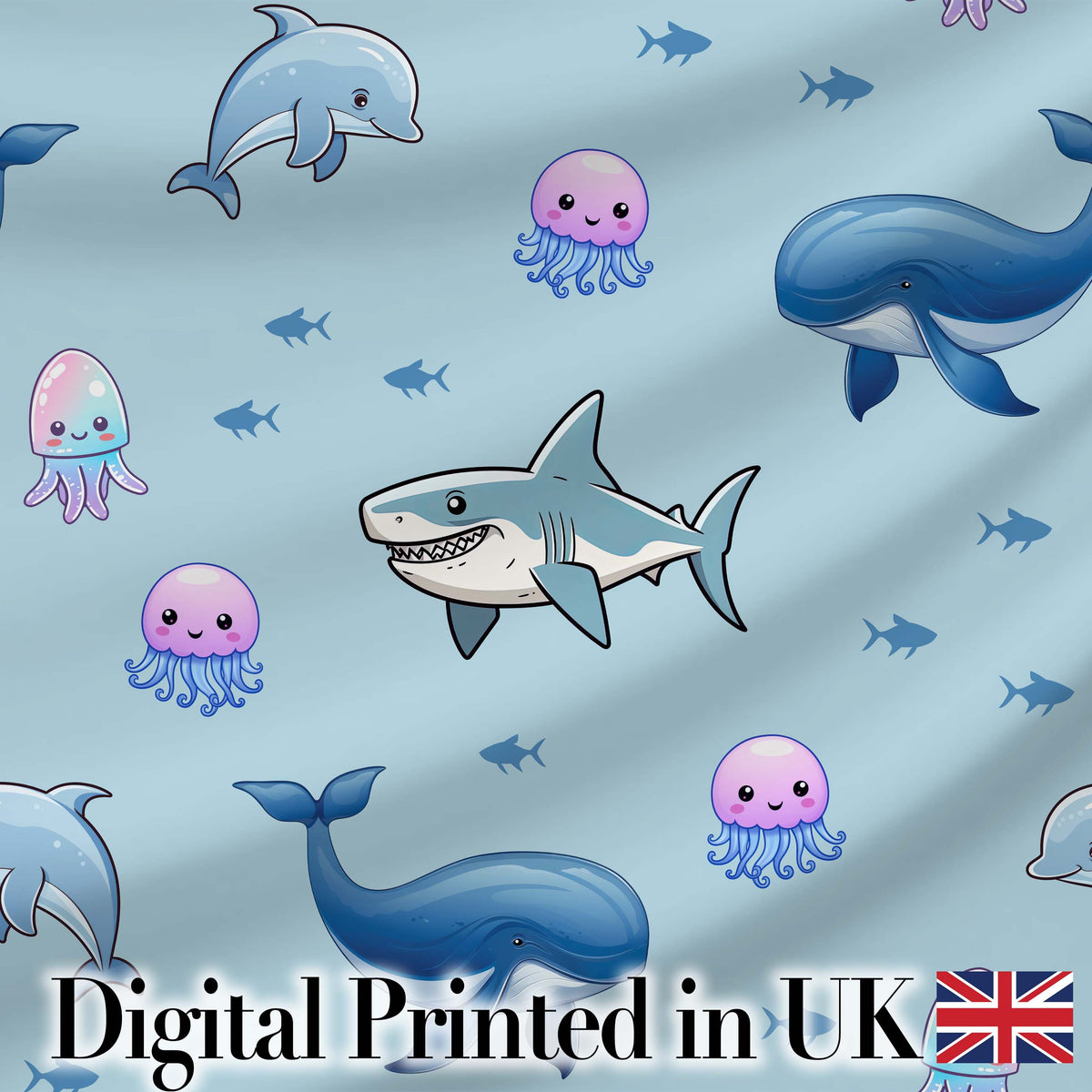 Cute Ocean Animals Dolphin Shark Jellyfish Seamless Pattern Blue Background Digital Print Fabric by the Metre UK Sewing Quilting Textile
