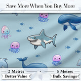 Cute Ocean Animals Dolphin Shark Jellyfish Seamless Pattern Blue Background Digital Print Fabric by the Metre UK Sewing Quilting Textile
