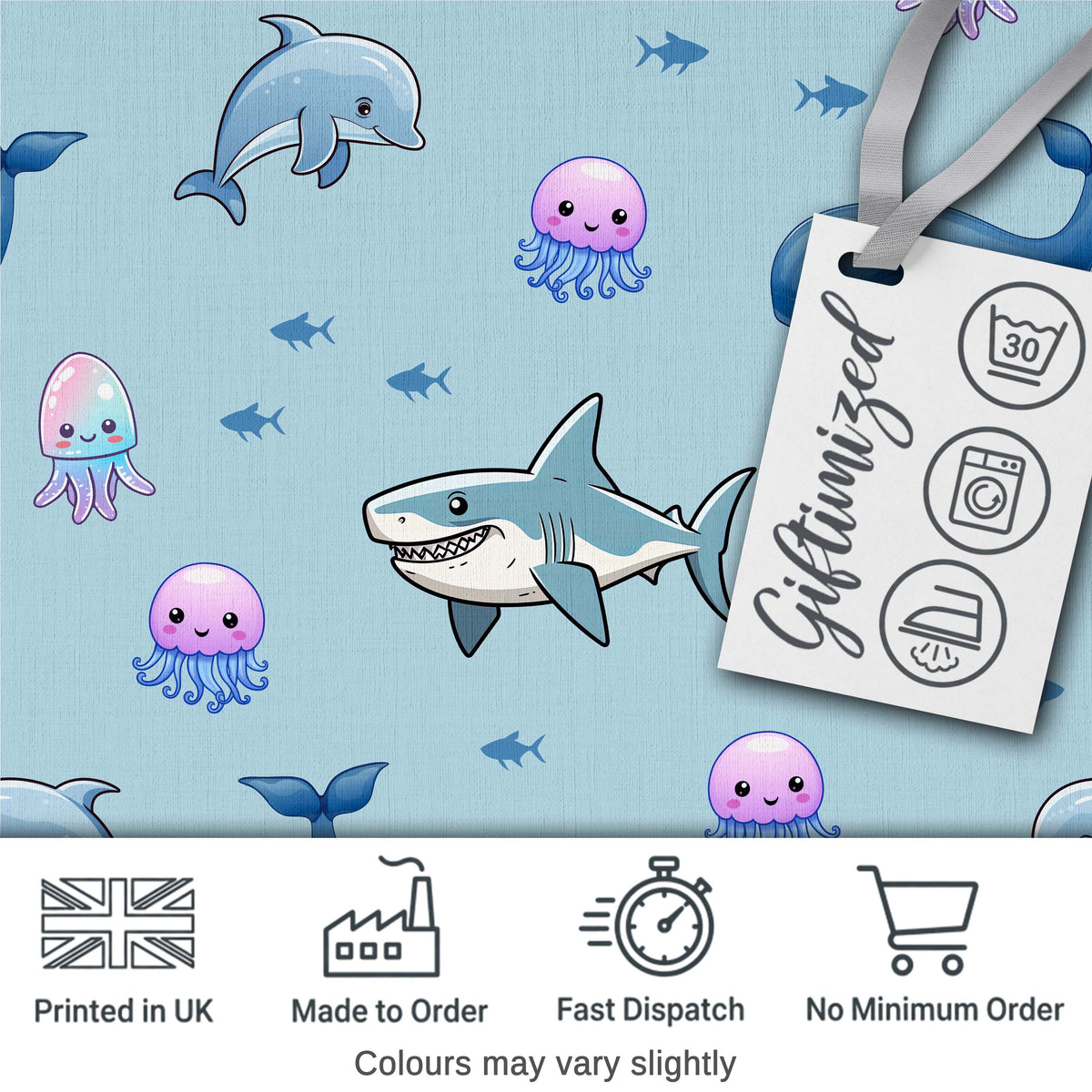 Cute Ocean Animals Dolphin Shark Jellyfish Seamless Pattern Blue Background Digital Print Fabric by the Metre UK Sewing Quilting Textile