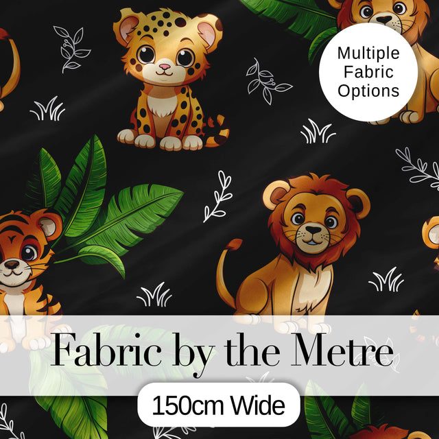 Cute Jungle Animals Lion Tiger Leopard Tropical Leaves   Black Background Digital Print Fabric by the Metre UK Sewing Quilting Textile