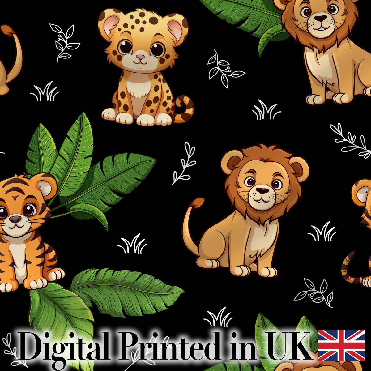 Cute Jungle Animals Lion Tiger Leopard Tropical Leaves   Black Background Digital Print Fabric by the Metre UK Sewing Quilting Textile