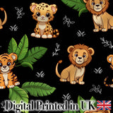 Cute Jungle Animals Lion Tiger Leopard Tropical Leaves   Black Background Digital Print Fabric by the Metre UK Sewing Quilting Textile