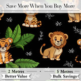 Cute Jungle Animals Lion Tiger Leopard Tropical Leaves   Black Background Digital Print Fabric by the Metre UK Sewing Quilting Textile