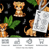 Cute Jungle Animals Lion Tiger Leopard Tropical Leaves   Black Background Digital Print Fabric by the Metre UK Sewing Quilting Textile