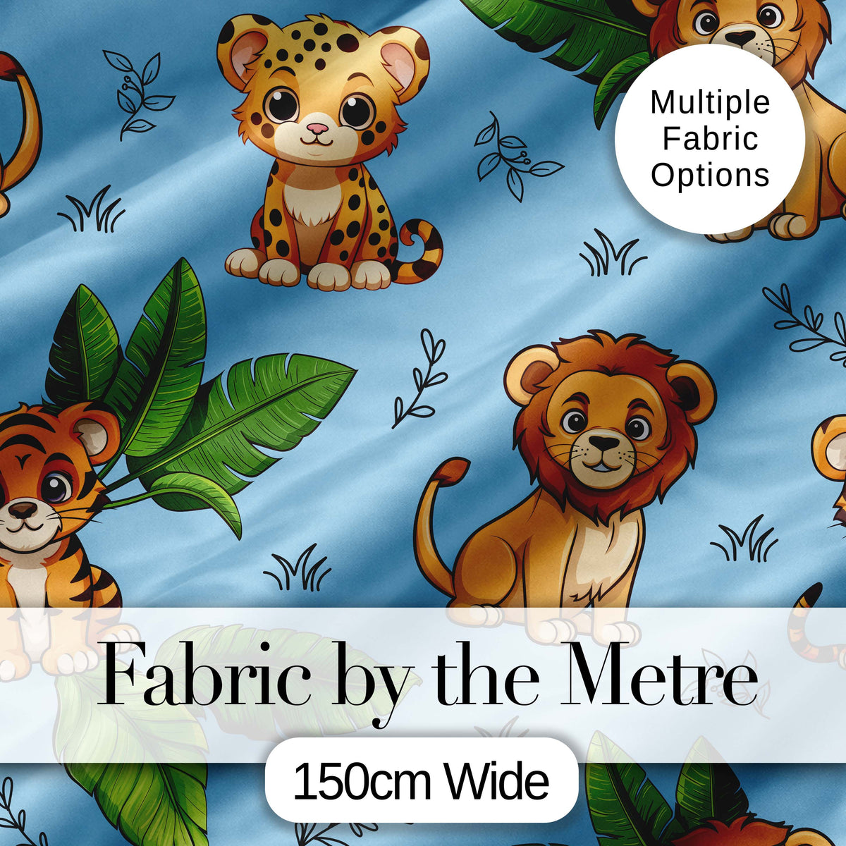 Cute Jungle Animals Lion Tiger Leopard Tropical Leaves   Sky Blue Background Digital Print Fabric by the Metre UK Sewing Quilting Textile