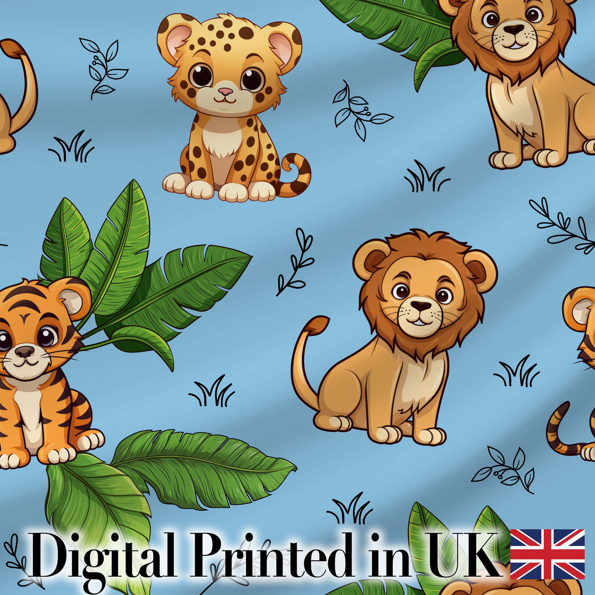 Cute Jungle Animals Lion Tiger Leopard Tropical Leaves   Sky Blue Background Digital Print Fabric by the Metre UK Sewing Quilting Textile