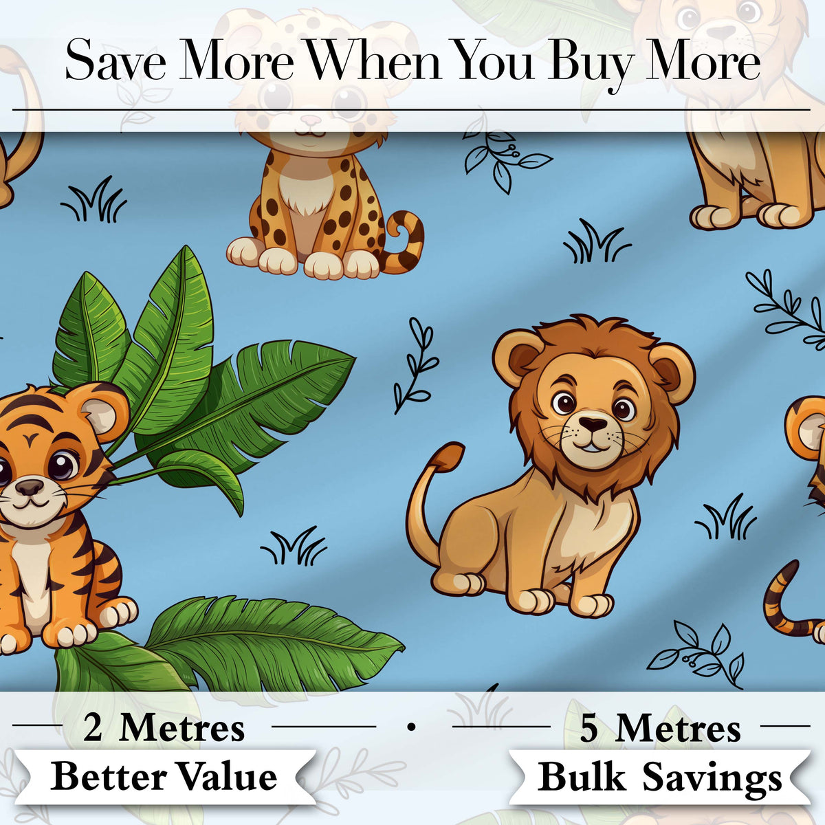 Cute Jungle Animals Lion Tiger Leopard Tropical Leaves   Sky Blue Background Digital Print Fabric by the Metre UK Sewing Quilting Textile