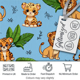 Cute Jungle Animals Lion Tiger Leopard Tropical Leaves   Sky Blue Background Digital Print Fabric by the Metre UK Sewing Quilting Textile