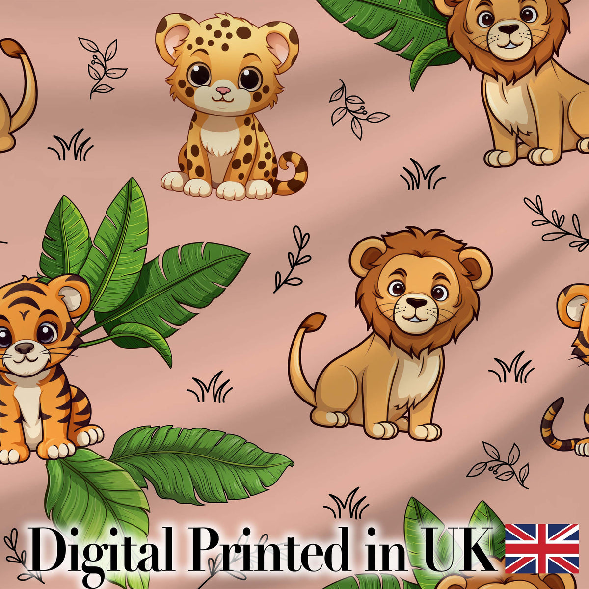 Cute Jungle Animals Lion Tiger Leopard Tropical Leaves   Peach Background Digital Print Fabric by the Metre UK Sewing Quilting Textile