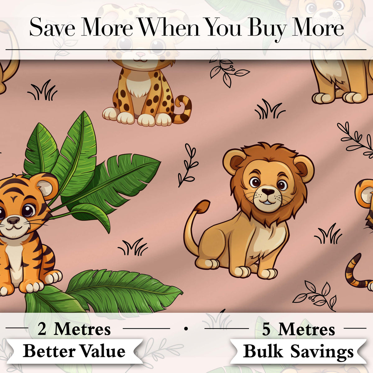 Cute Jungle Animals Lion Tiger Leopard Tropical Leaves   Peach Background Digital Print Fabric by the Metre UK Sewing Quilting Textile