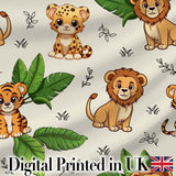 Cute Jungle Animals Lion Tiger Leopard Tropical Leaves   Cream Background Digital Print Fabric by the Metre UK Sewing Quilting Textile