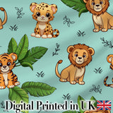 Cute Jungle Animals Lion Tiger Leopard Tropical Leaves   Mint Green Background Digital Print Fabric by the Metre UK Sewing Quilting Textile