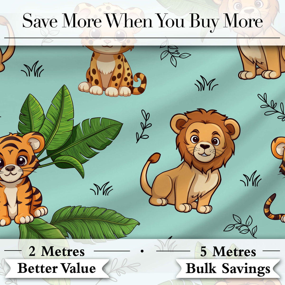 Cute Jungle Animals Lion Tiger Leopard Tropical Leaves   Mint Green Background Digital Print Fabric by the Metre UK Sewing Quilting Textile
