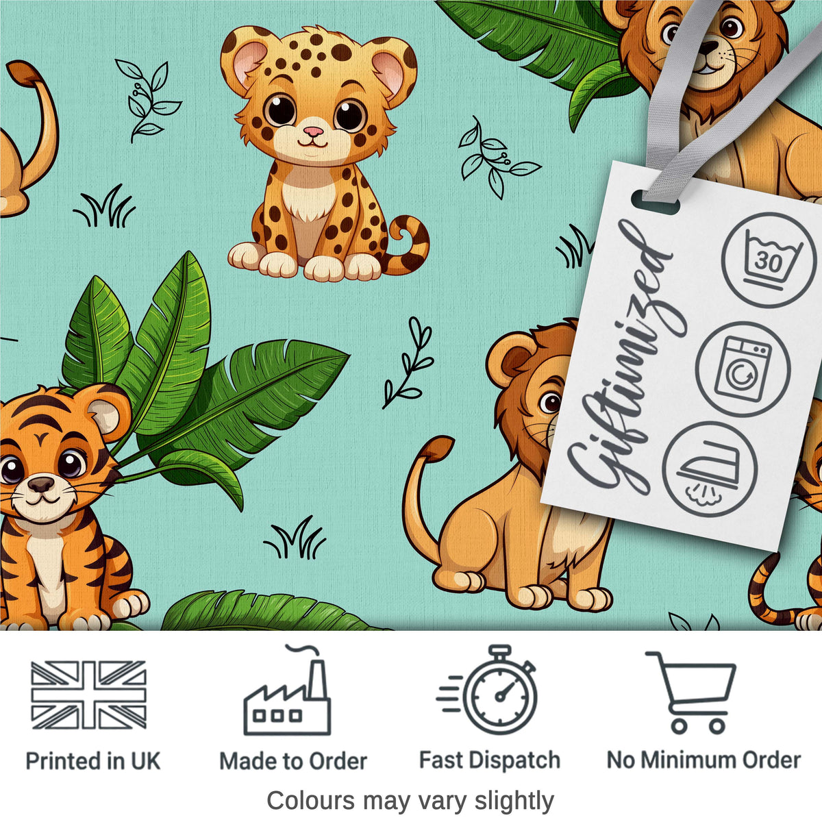 Cute Jungle Animals Lion Tiger Leopard Tropical Leaves   Mint Green Background Digital Print Fabric by the Metre UK Sewing Quilting Textile