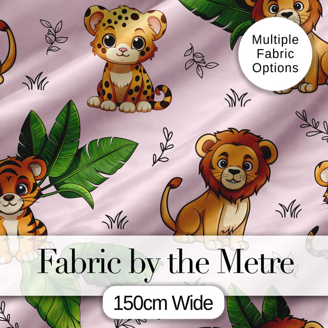 Cute Jungle Animals Lion Tiger Leopard Tropical Leaves   Blush Pink Background Digital Print Fabric by the Metre UK Sewing Quilting Textile
