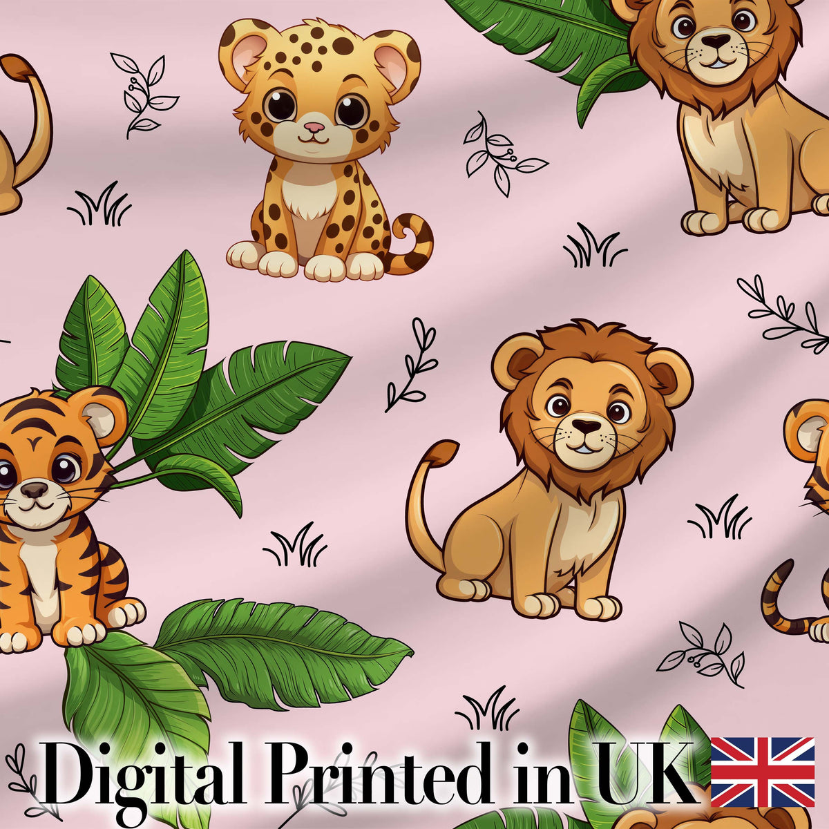 Cute Jungle Animals Lion Tiger Leopard Tropical Leaves   Blush Pink Background Digital Print Fabric by the Metre UK Sewing Quilting Textile